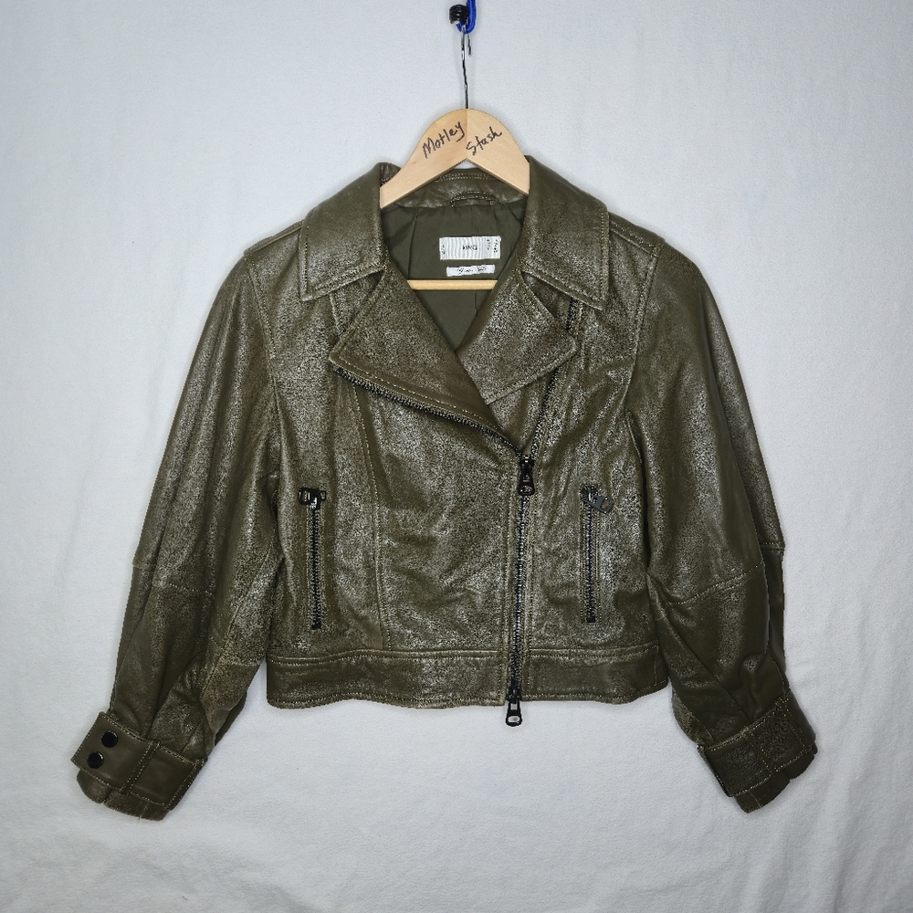 Mango Ladies Leather Bomber Style Jacket Brown Size US XXS